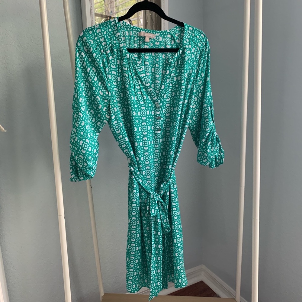 Banana republic white and teal dress with matching ribbon belt size 12